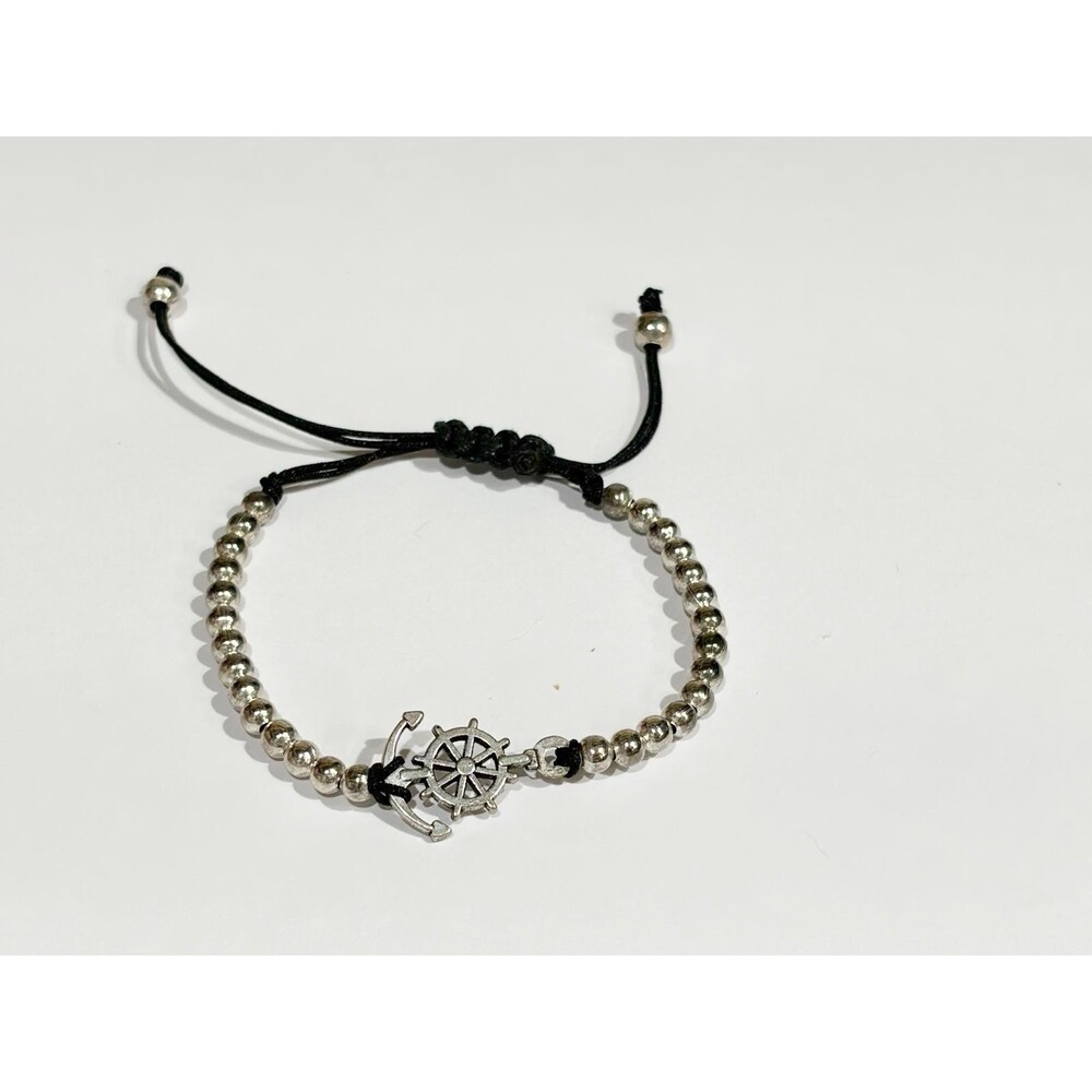 Nautical Anchor & Ship Wheel Bracelet Silver Beads Adjustable Rope Unisex 6-9" - Picture 5 of 12